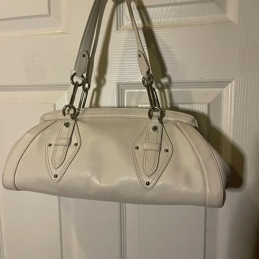 COLE HAAN TRINITY Baguette style Leather White Satchel silver tone hardwares.